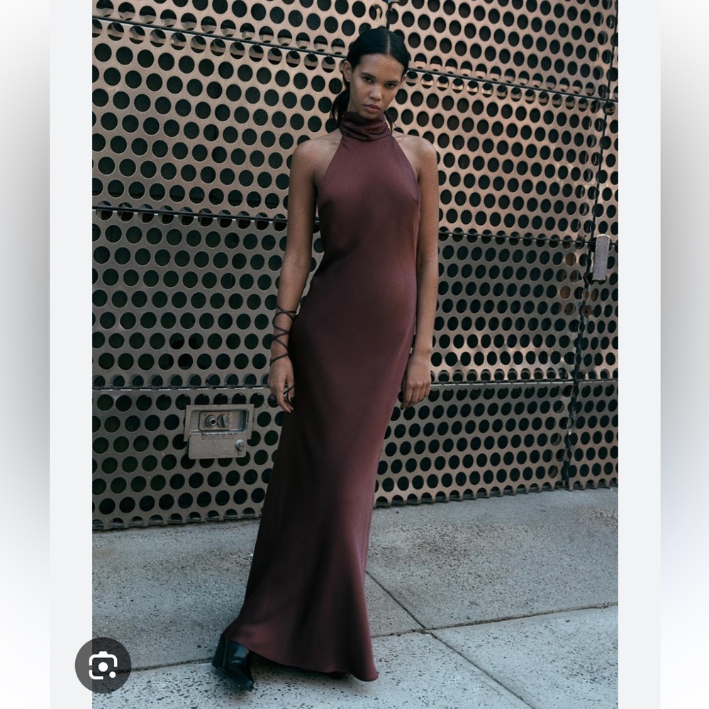 NWT Zara Long Halter Neck Dress | Wine/Brown | Medium